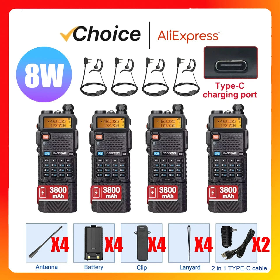 4PCS Walkie Talkie UV 5R 8W Ham Radio Long Range Walkie Talkies