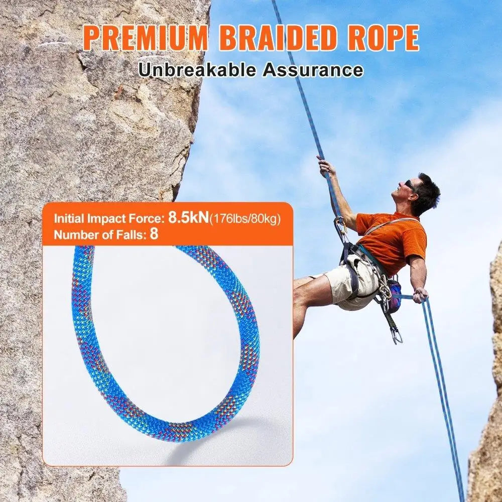 Dynamic Climbing Rope 10.2mm 60M 25KN Breaking Tension with  Steel Snap Hooks