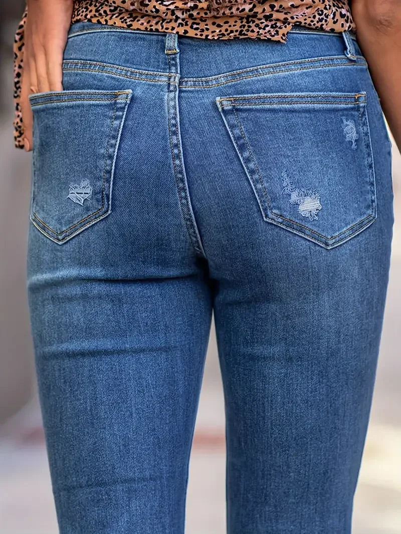Women Stylish Slim Denim Pants Ripped High Button Jeans