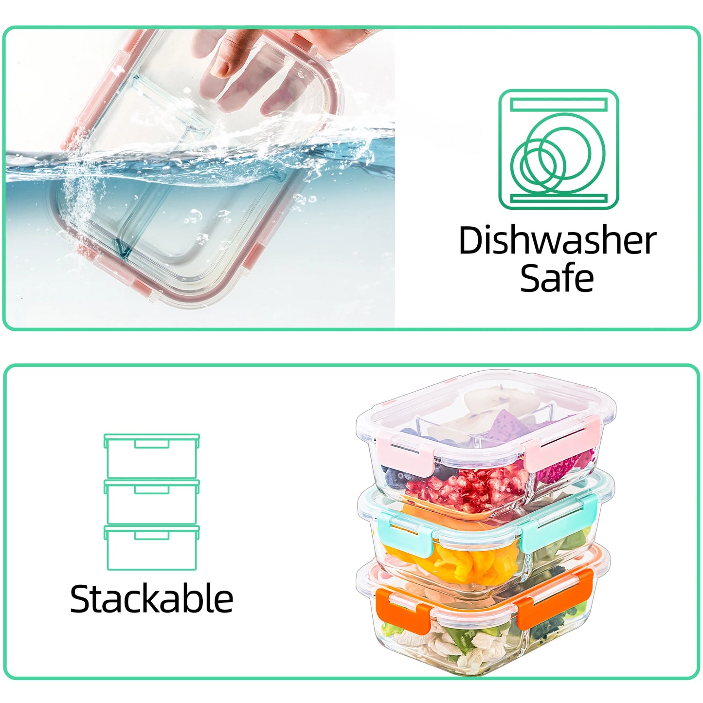 5-Pack Glass Food Storage Containers with Divided Compartments, Leak-Proof, Microwave & Freezer Safe,