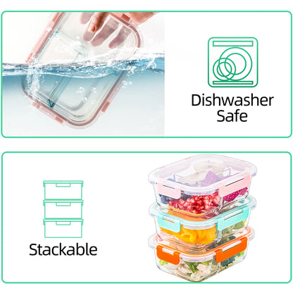 5-Pack Glass Food Storage Containers with Divided Compartments, Leak-Proof, Microwave & Freezer Safe,