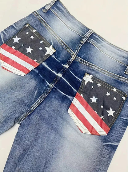 New Women's Mid-Waist Elastic American Flag Trumpet Jeans,