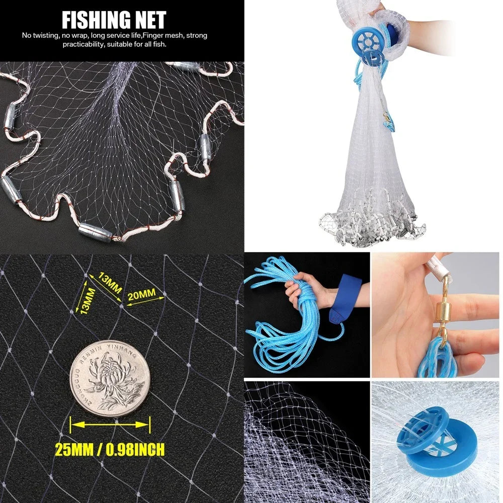 Saltwater Fishing Cast Net for Bait Trap 3/4/5/6/7/8/9/10ft Radius Casting Nets with Heavy Duty Zinc Sinker Weight