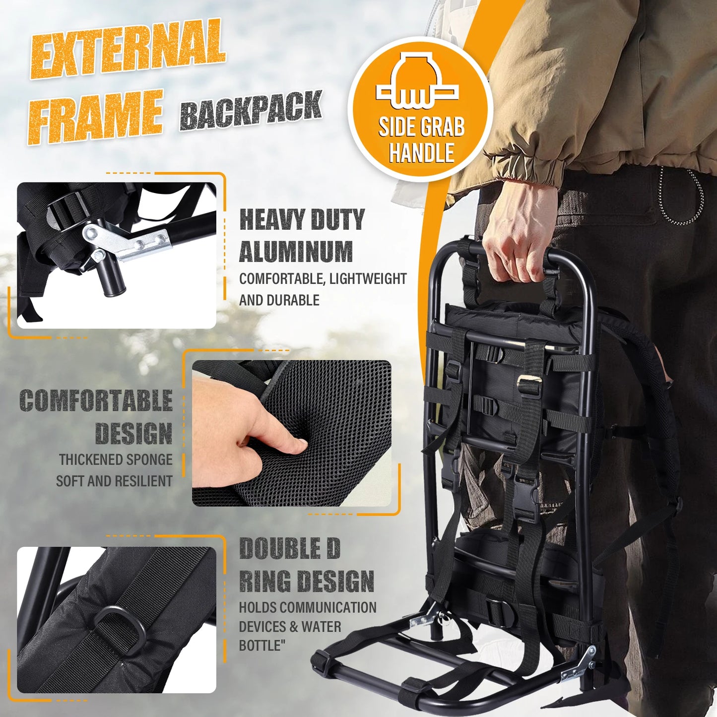 Camping Backpack External Frame  Portable Foldable Hunting Carrier Bag Holder
