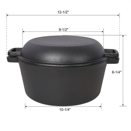 2 in 1 Pre-Seasoned Cast Iron Dutch Oven With Dual Handles ,for  Outdoor Camping