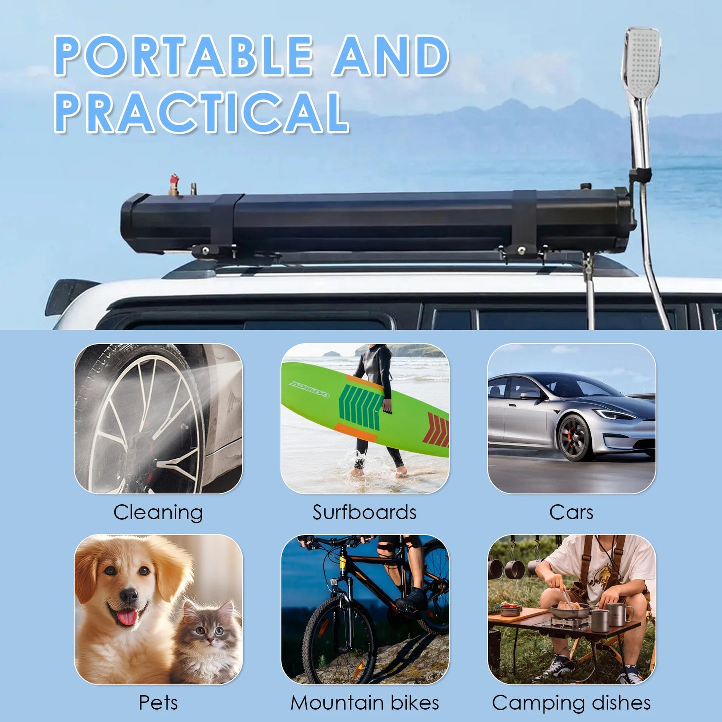 20L / 30L Car Pressurized Water Tank for Camping Shower  Roof Rack Mount with showerhead