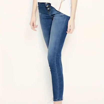 Women Stylish Slim Denim Pants Ripped High Button Jeans