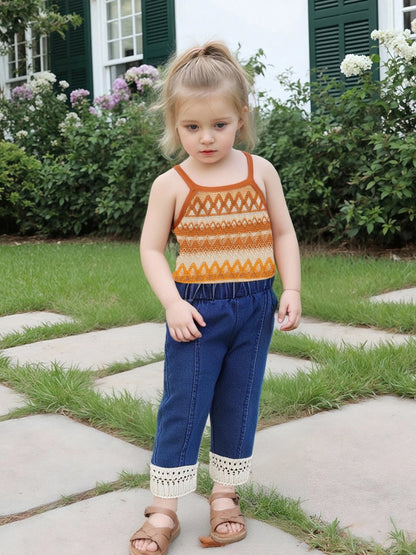 Girls Sleeveless Knit Top and Elastic Waist Tassel Jeans Set