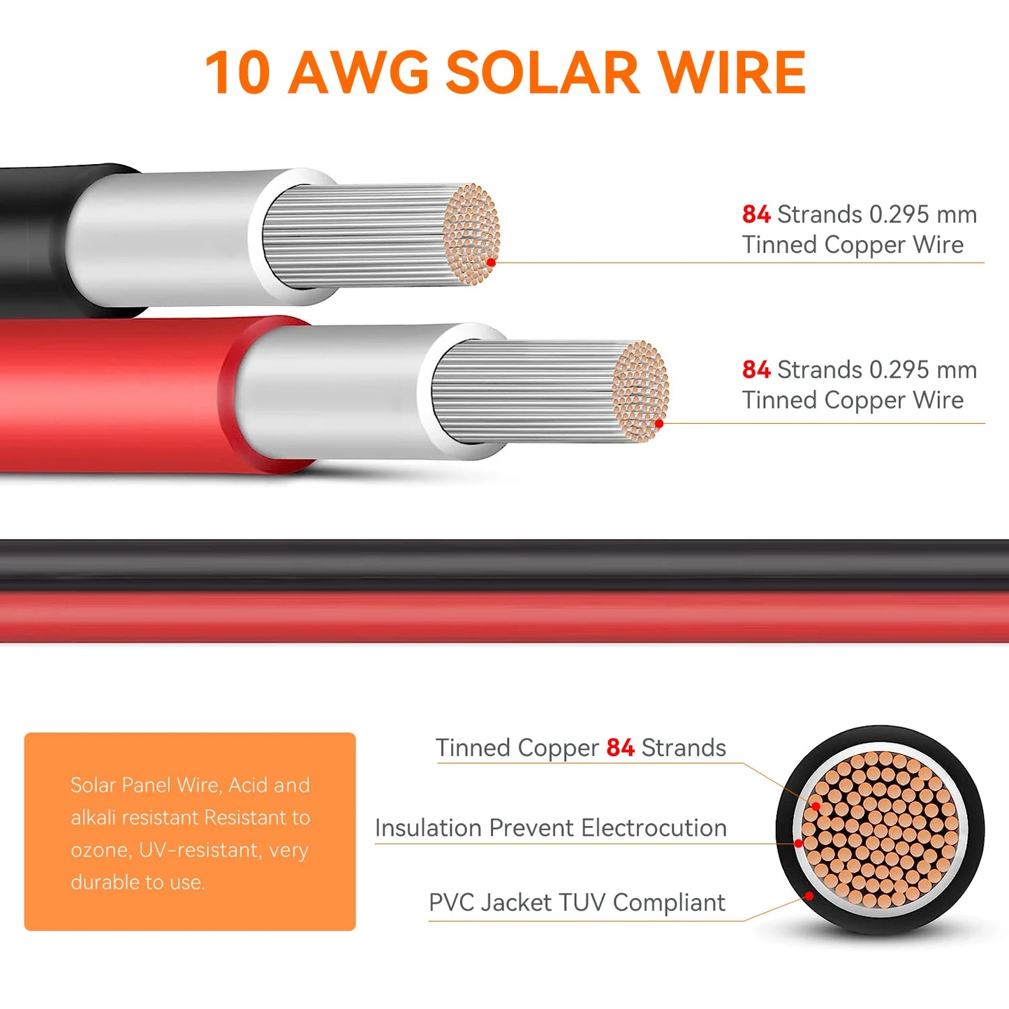 US Stock Solar Extension Cable 10AWG 100m 30m 6mm2 IP67 Waterproof Solar Power Cable Red Black For PV Panel Connection
