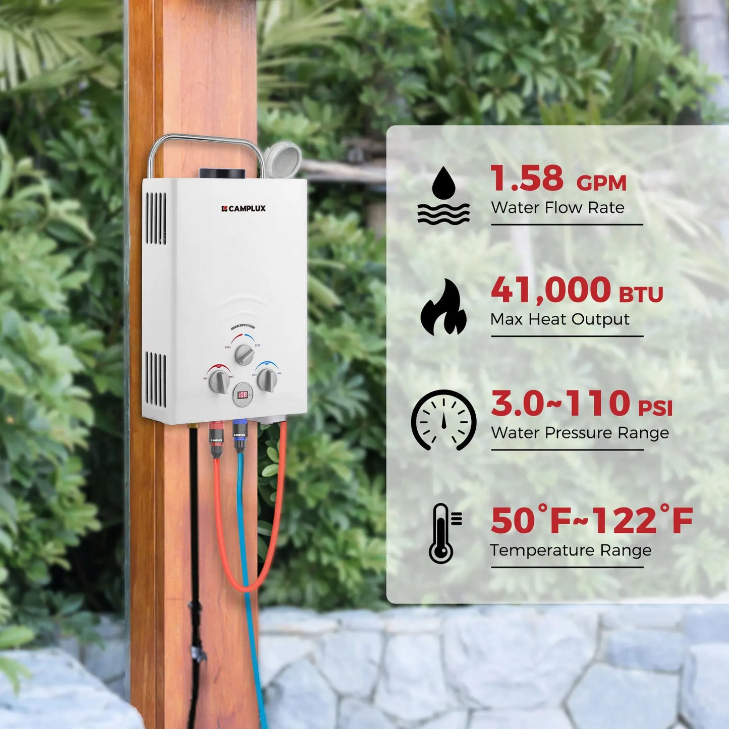 Portable Water Heater, 1.58 GPM Tankless Propane Water Heater, 41,000 BTU