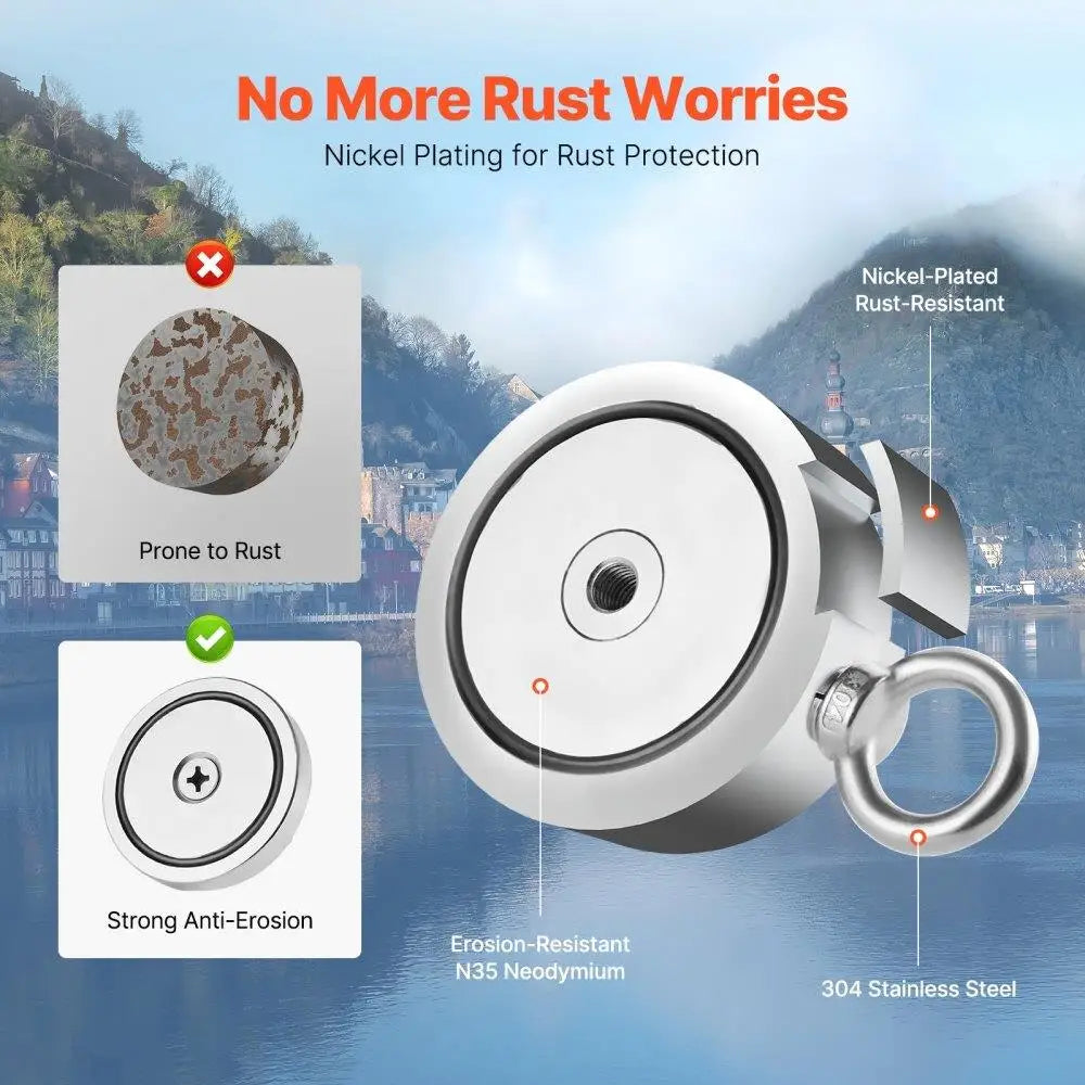 1700lbs Heavy Duty Fishing Magnet Kit Double Side Pull With Rope & Carabiner