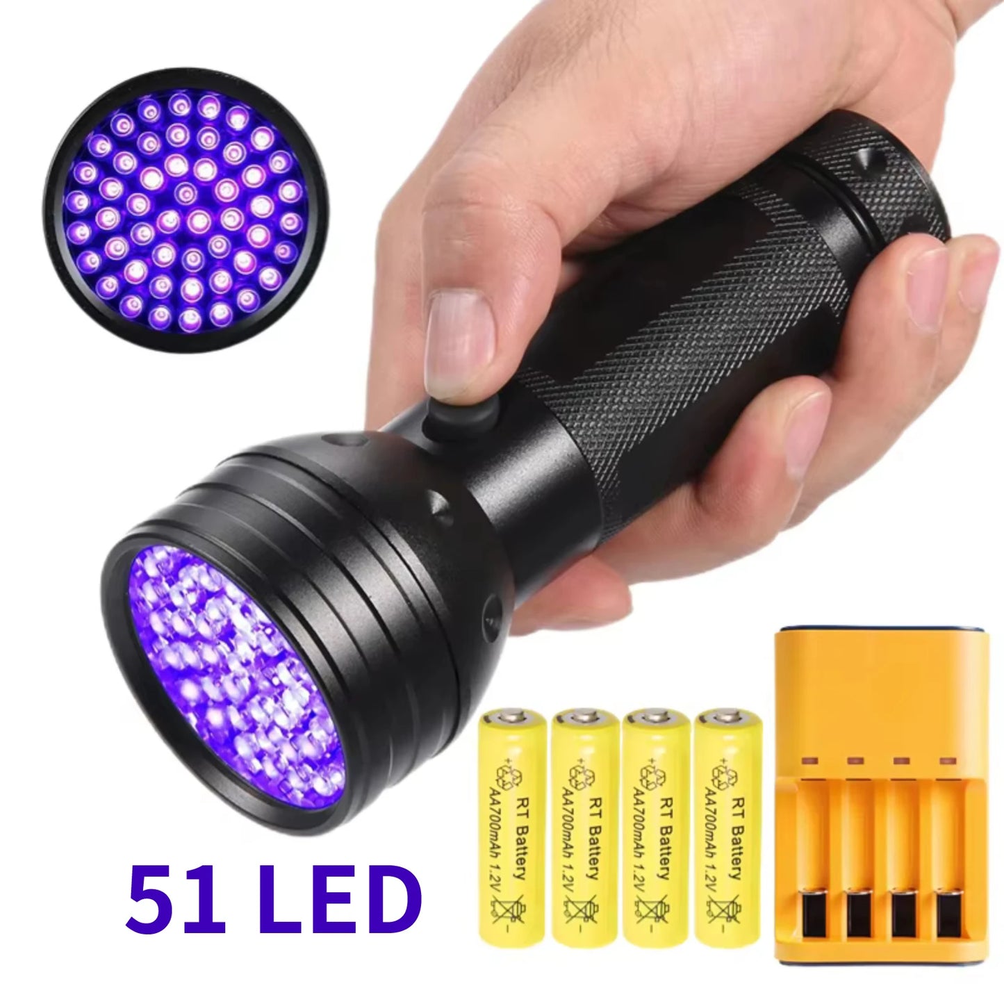 51 LED UV Flashlight Blacklight with 4-Slot Charger and AA Rechargeable Batteries for Scorpion Hunting Pet Urine Detection