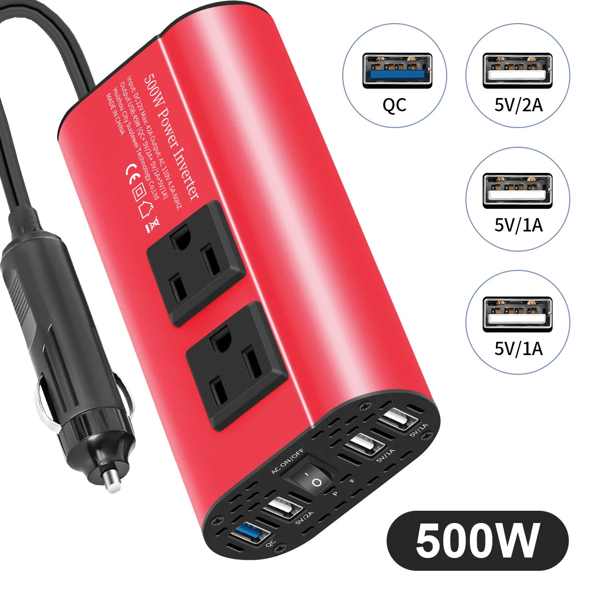 500W Modified Wave Inverter Portable Converter, DC 12V to AC 110V60HZ,