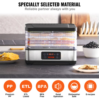 5 Tray Food Dehydrator Machine 300W Stainless Steel  w/ Digital Adjustable Timer & Temperature