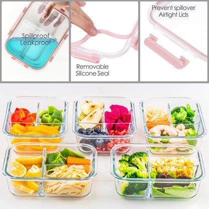 5-Pack Glass Food Storage Containers with Divided Compartments, Leak-Proof, Microwave & Freezer Safe,
