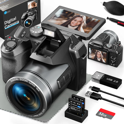 4K Vlogging Camera with 3’’ Flip Screen,16X Digital Zoom,2 Batteries, 32GB TF Card
