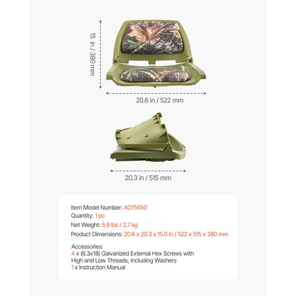 Boat Seat, Low Backrest, Folding Fishing Boat Seat with Thickened Sponge Cushion PP Frame,