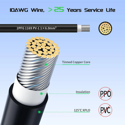 US Stock Solar Extension Cable 10AWG 100m 30m 6mm2 IP67 Waterproof Solar Power Cable Red Black For PV Panel Connection