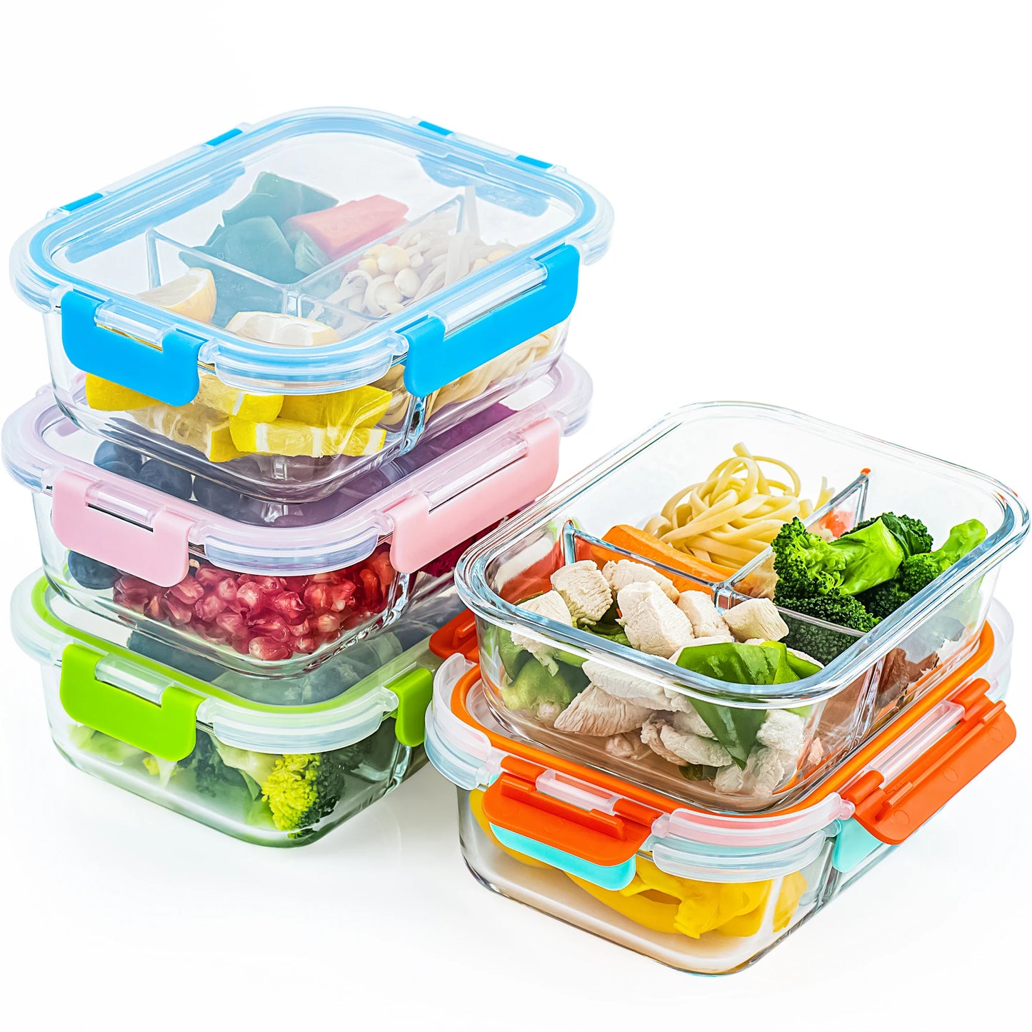 5-Pack Glass Food Storage Containers with Divided Compartments, Leak-Proof, Microwave & Freezer Safe,