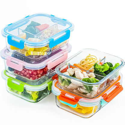 5-Pack Glass Food Storage Containers with Divided Compartments, Leak-Proof, Microwave & Freezer Safe,
