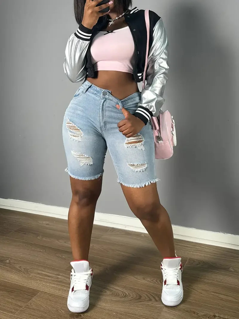 Light Blue Ripped Stretch Short Jeans,