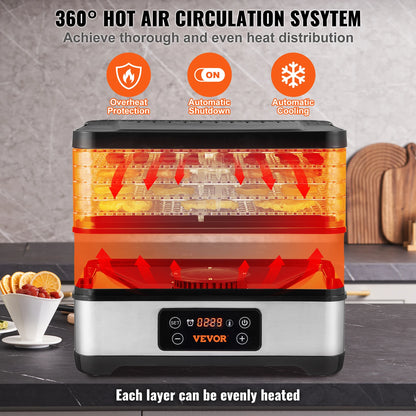 5 Tray Food Dehydrator Machine 300W Stainless Steel  w/ Digital Adjustable Timer & Temperature