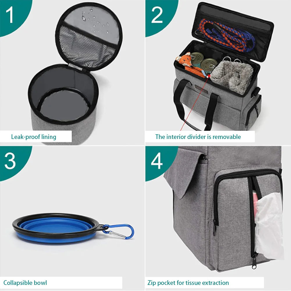 Dog Travel  Backpack  Organizer w/ 2 Food Bags 1 Waterproof Placemat 2 Foldable Bowls