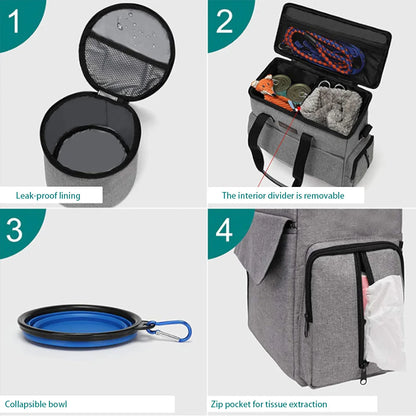 Dog Travel  Backpack  Organizer w/ 2 Food Bags 1 Waterproof Placemat 2 Foldable Bowls