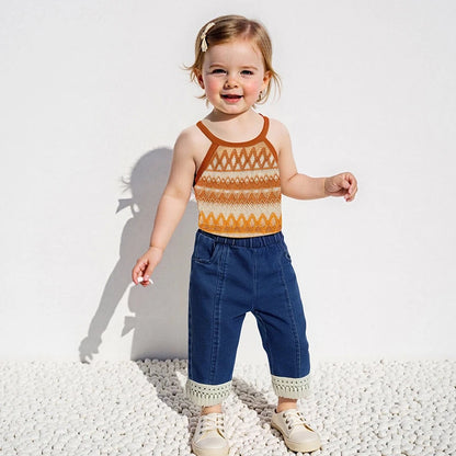 Girls Sleeveless Knit Top and Elastic Waist Tassel Jeans Set