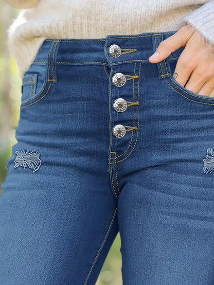 Women Stylish Slim Denim Pants Ripped High Button Jeans