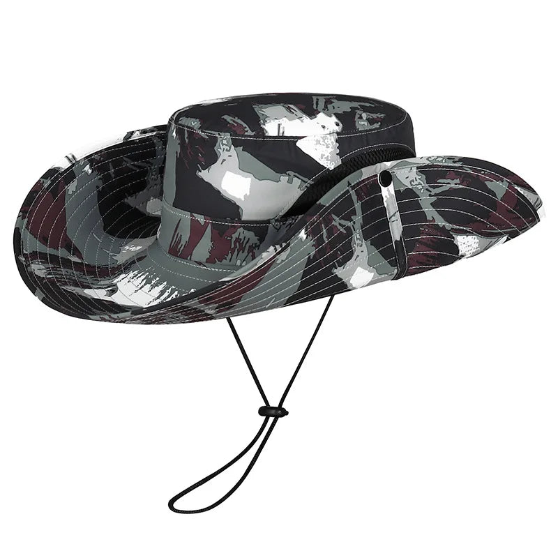 Stylish Camo Wide Brim Sun Hat for Women Outdoor Fishing Hiking Camping Climbing Safari Hat with Adjustable Chin Strap