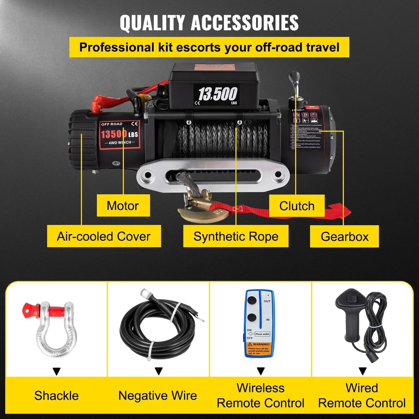 VEVOR 12V 13500 LBS Electric Winch 27M/92FT Synthetic Tow Rope  Hoist for 4X4 Truck or Boat