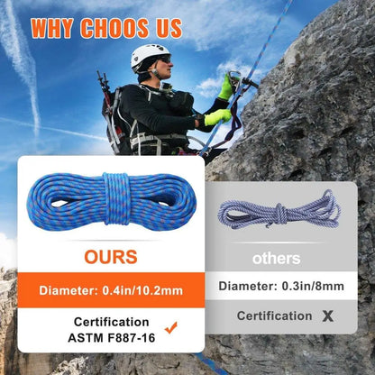 Dynamic Climbing Rope 10.2mm 60M 25KN Breaking Tension with  Steel Snap Hooks