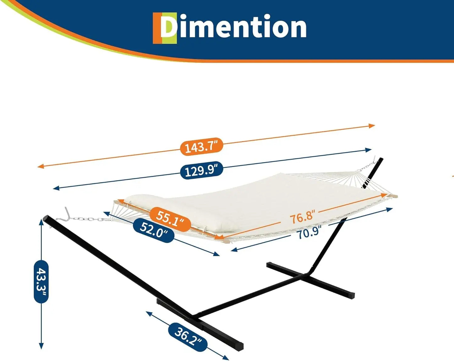 Double Hammock with Stand,2 Person Heavys Duty 475 Lbs Capacity, Breathable Cotton Rope & Quilted Pad