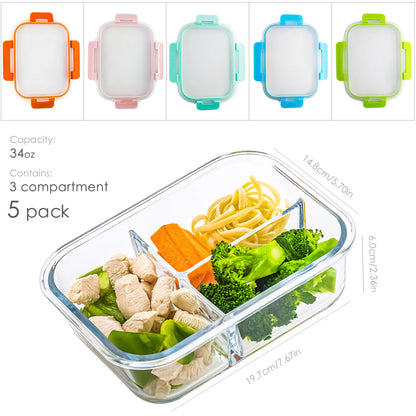 5-Pack Glass Food Storage Containers with Divided Compartments, Leak-Proof, Microwave & Freezer Safe,
