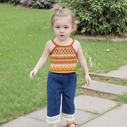 Girls Sleeveless Knit Top and Elastic Waist Tassel Jeans Set