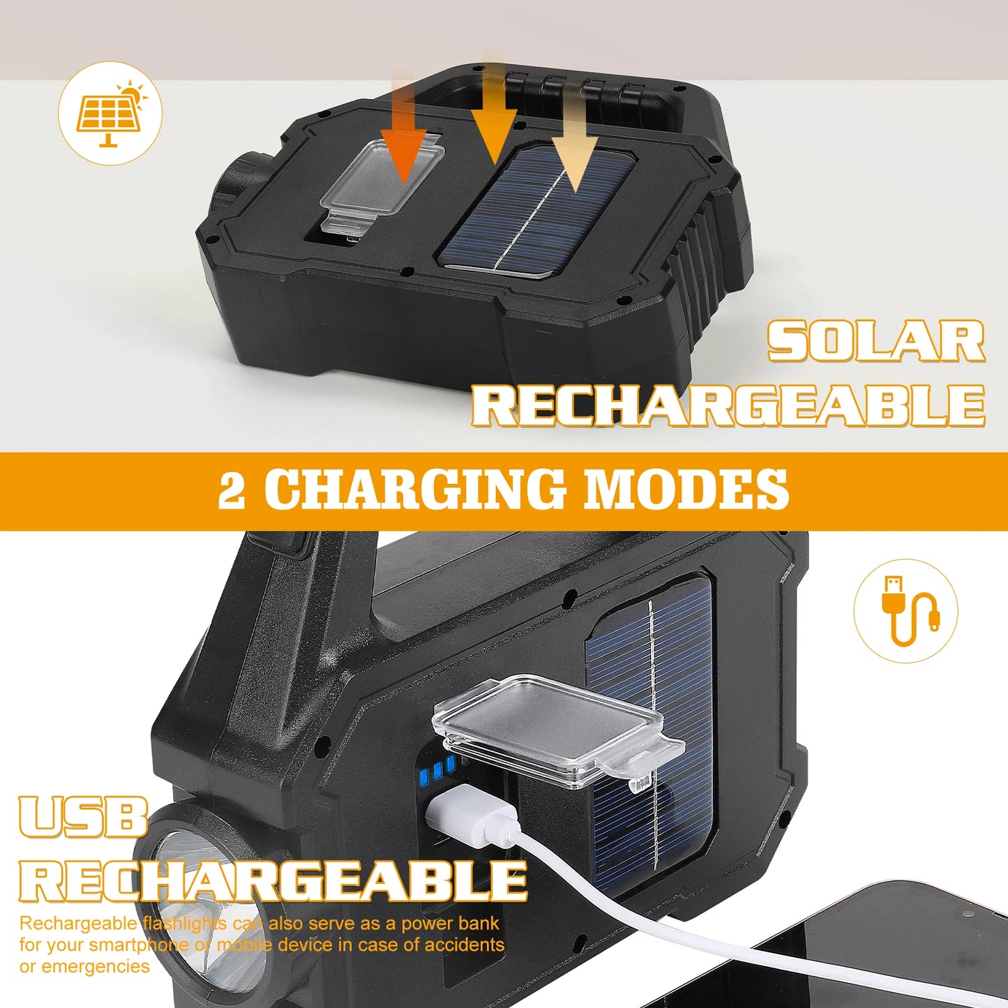 2000LM Solar-Powered LED Flashlight - Rechargeable with 6 Modes, Waterproof