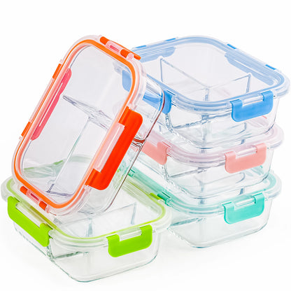 5-Pack Glass Food Storage Containers with Divided Compartments, Leak-Proof, Microwave & Freezer Safe,