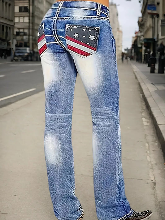 New Women's Mid-Waist Elastic American Flag Trumpet Jeans,