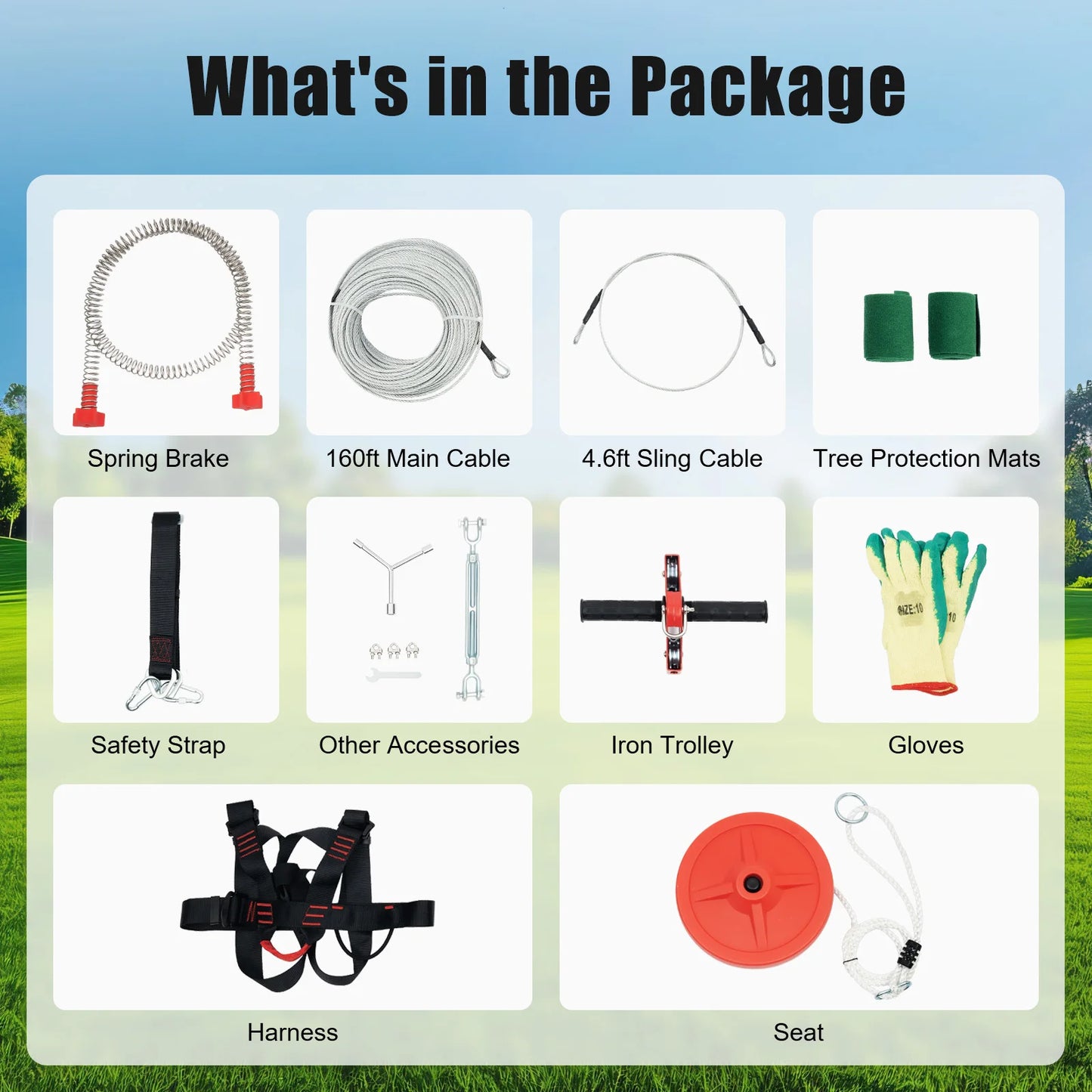 330lbs Quick Set up Zipline, Spring Brake and Safety Harness