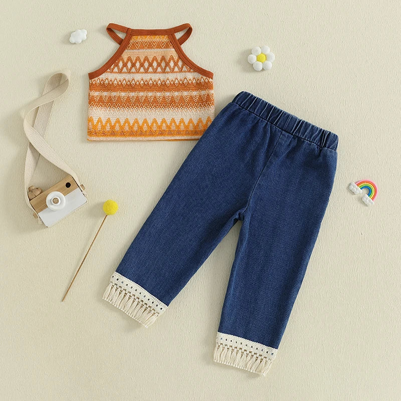Girls Sleeveless Knit Top and Elastic Waist Tassel Jeans Set