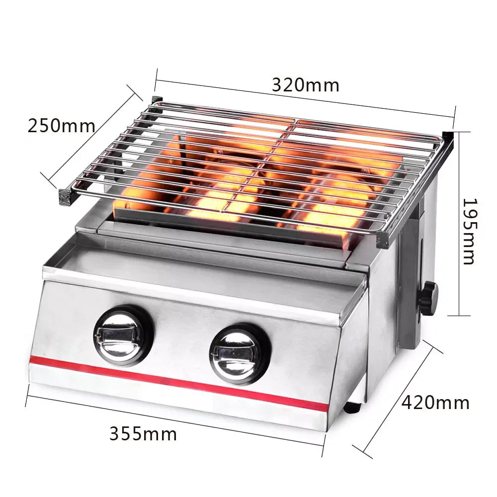2 Burner Tabletop LPG Grill Stainless Steel Smokeless Portable Gas Barbeque Grill