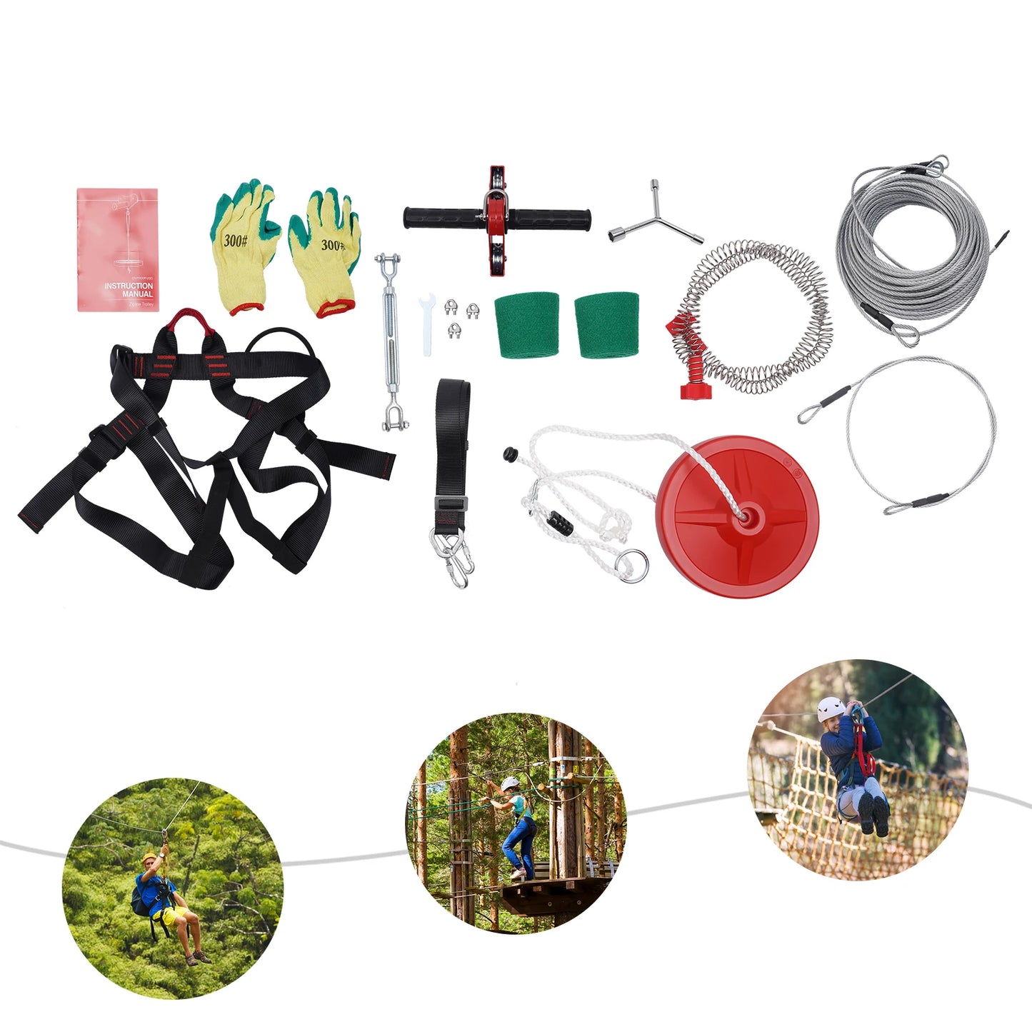 Complete Zipline Kit – 160ft Cable with Safety Harness, Spring Brake, and Mounting Gloves