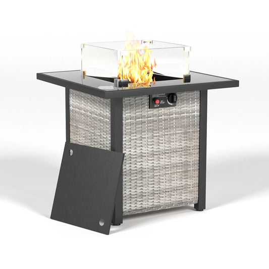 Propane Fire Pit Table, Rattan & Wicker-Look,Tempered Glass Tabletop with Glass Windscreen Protector