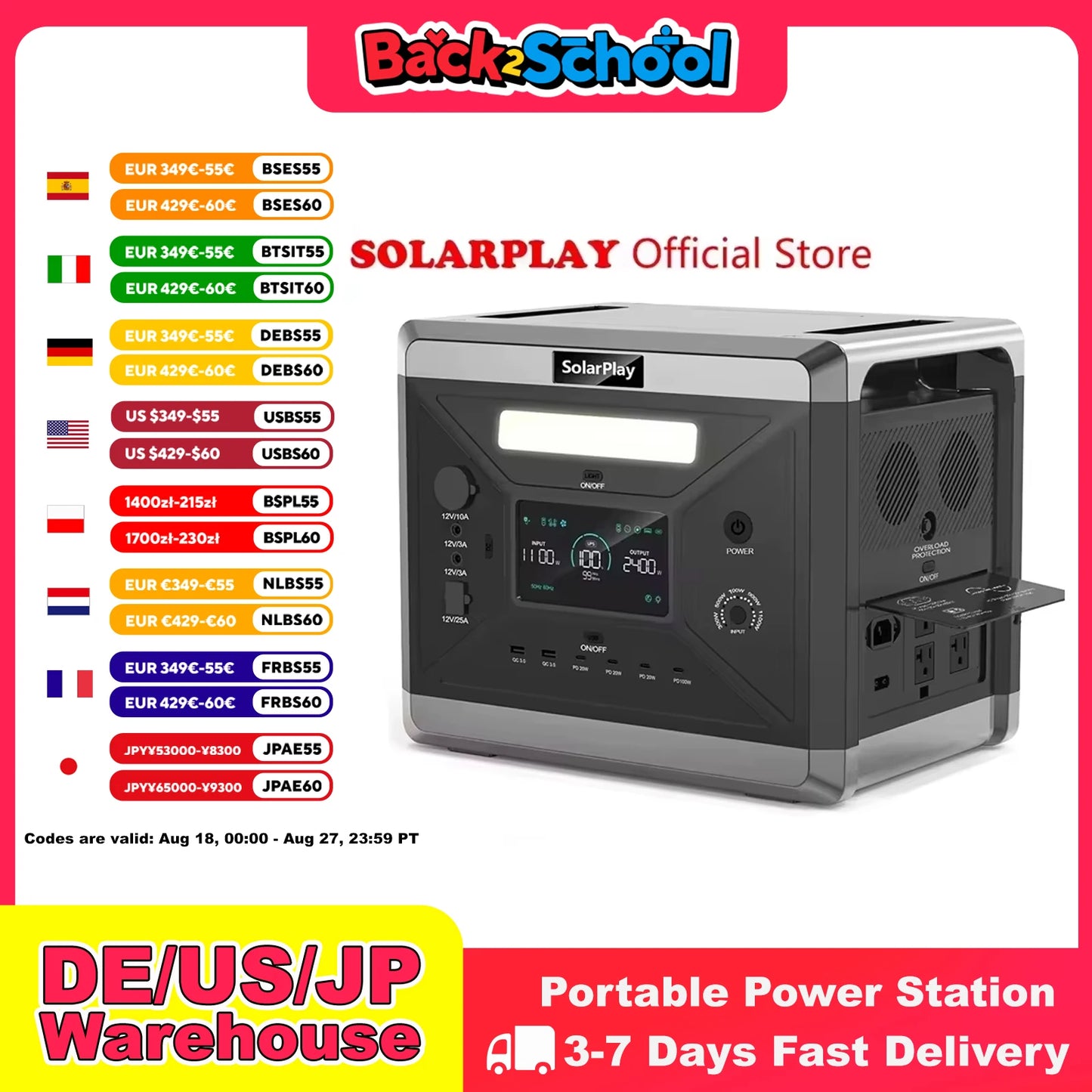 675000mAh  Power Station 2400W  2160Wh  Solar Generator LiFePo4 Batteries