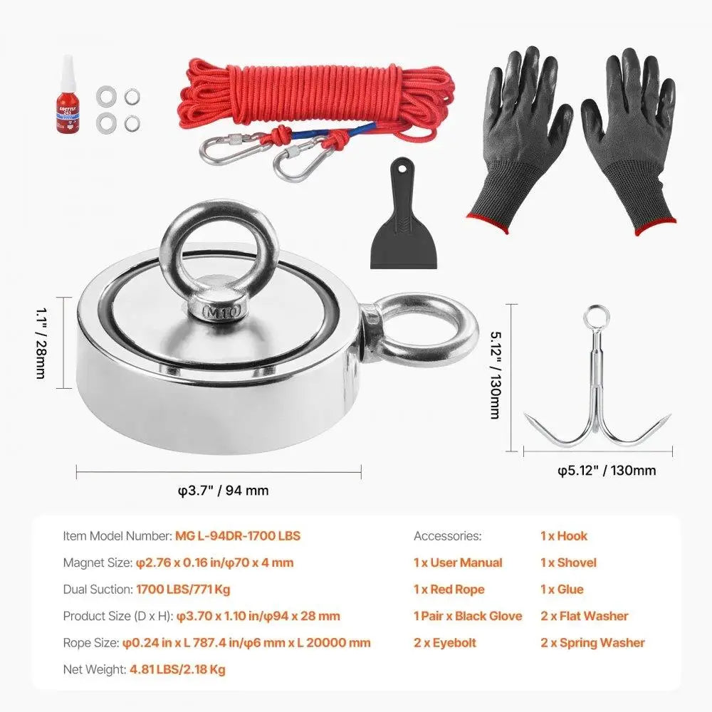 1700lbs Heavy Duty Fishing Magnet Kit Double Side Pull With Rope & Carabiner