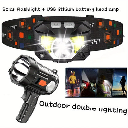 Solar/USB Rechargeable LED Flashlight - 3-in-1 Headlamp, Searchlight