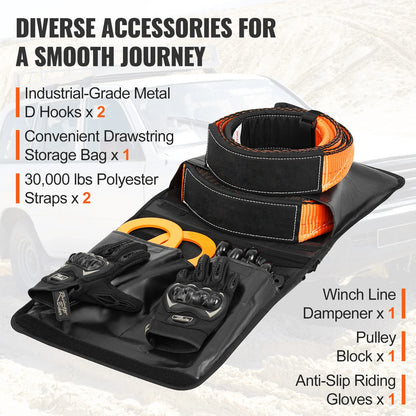 Off-Road Winch Recovery Kit with 30000Lbs Tow Straps & D-Ring Shackles Snatch Block and Storage Bag