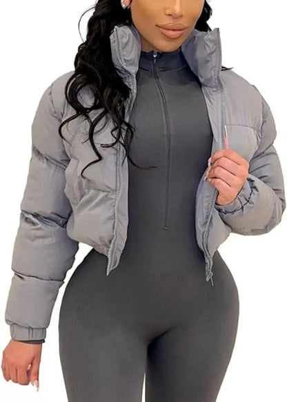 womens Puffer Jacket Cropped Zip Casual Cotton Coat