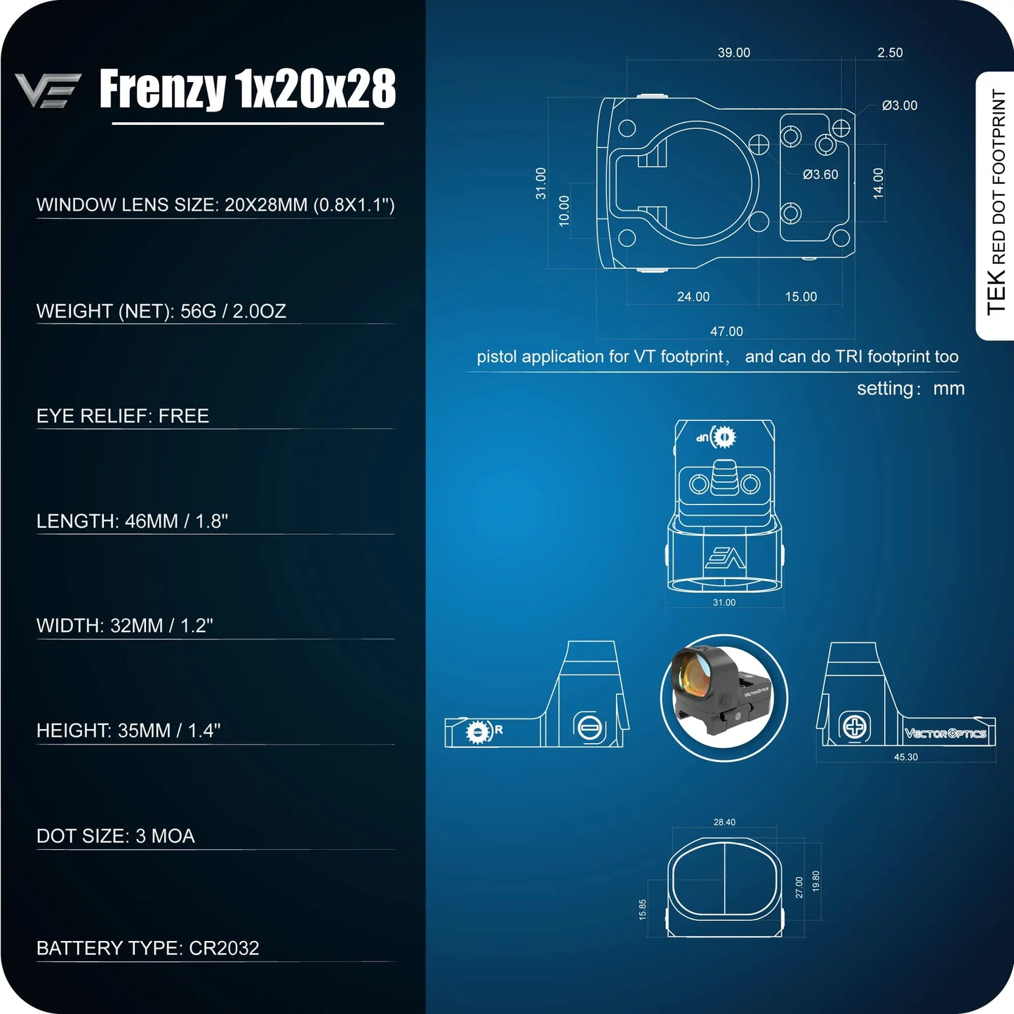 Vector Optics Frenzy-X 1x20x28 Red Dot Scope 3MOA Pistol Sight  For Glock 9mm AR AK 5.56 7.62 .308win